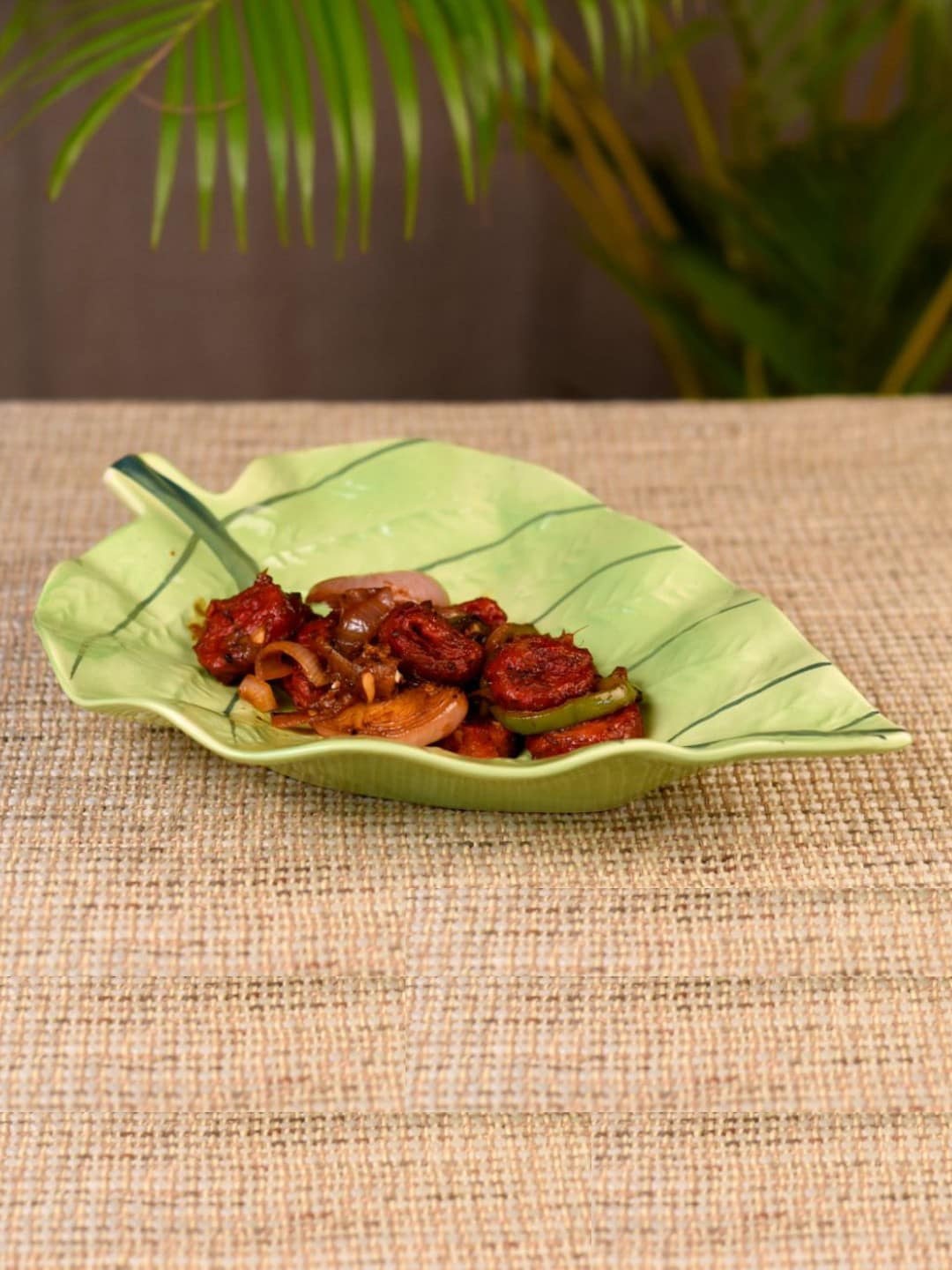 

Unravel India Green Ceramic Paan Leaf Snack Serving Platter