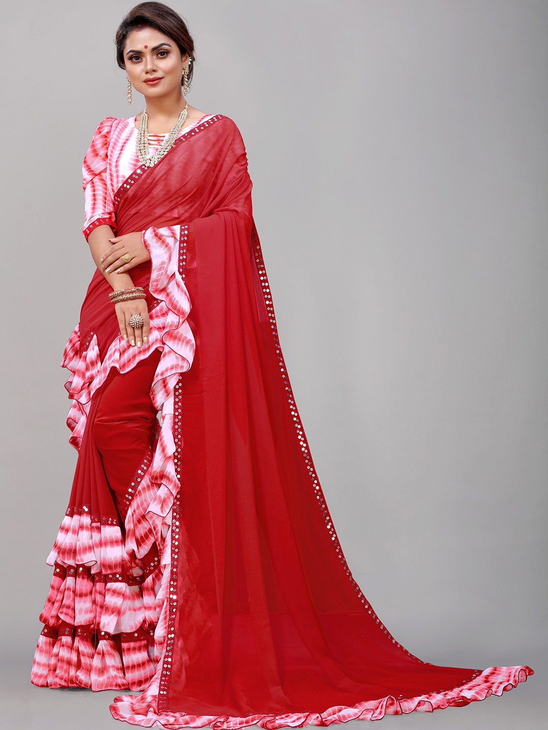 

B4ME COM Sequinned Pure Georgette Leheriya Saree, Red