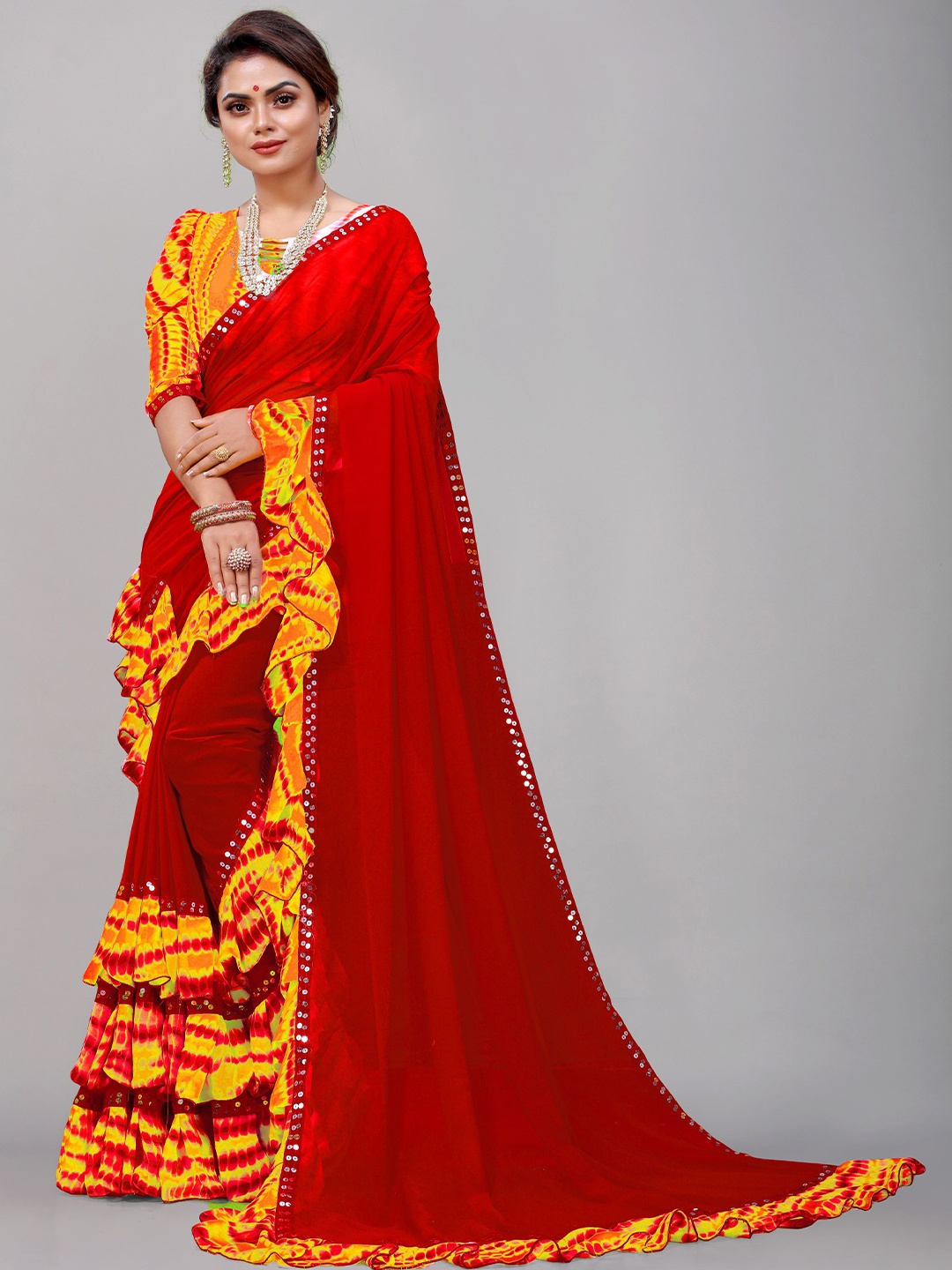 

B4ME COM Sequinned Pure Georgette Leheriya Saree, Orange