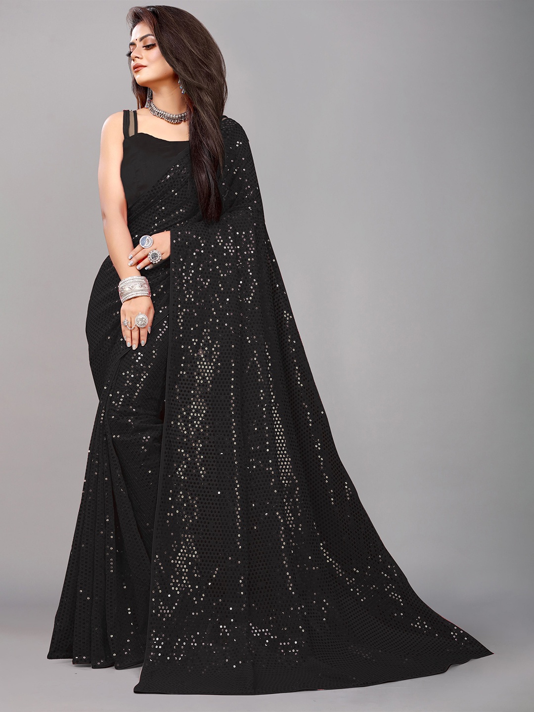 

B4ME COM Embellished Sequinned Pure Georgette Ready to Wear Leheriya Saree, Black
