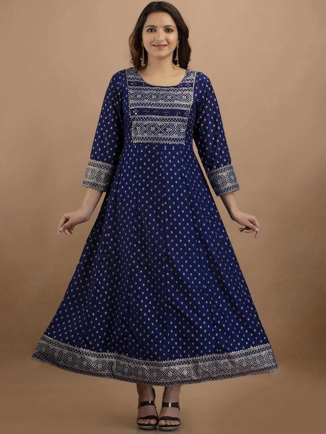 

PREKSHA Blue Ethnic Motifs A-Line Midi Dress