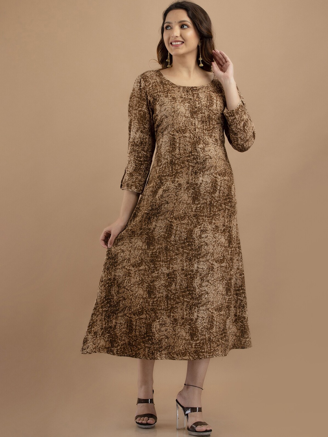 

PREKSHA Abstract Printed A-Line Midi Cotton Dress, Beige
