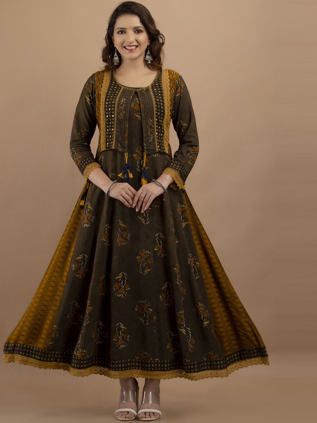 

PREKSHA Floral Printed Maxi Dress with Jacket, Mustard