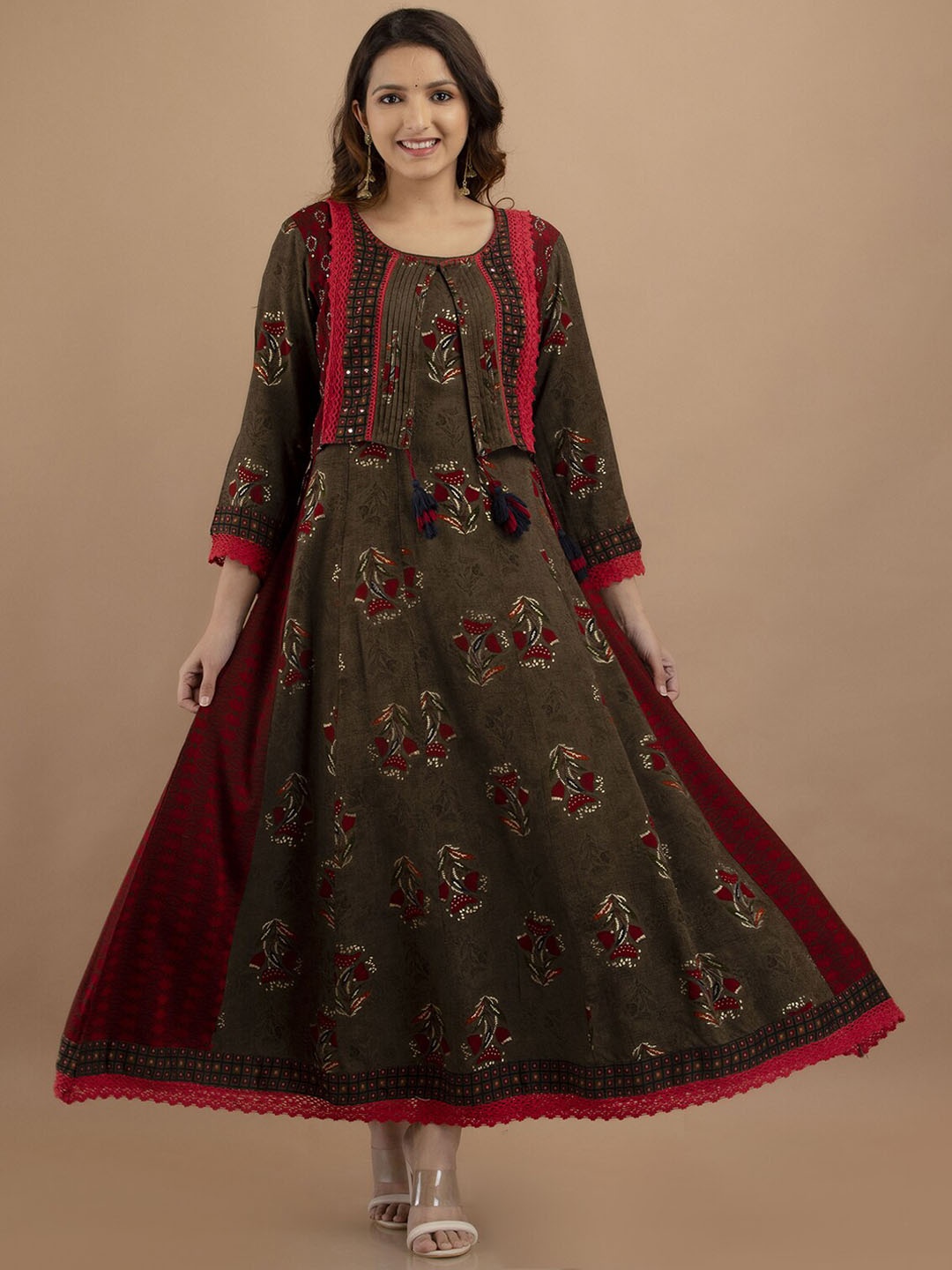 

PREKSHA Red Floral Printed Maxi Dress With Jacket