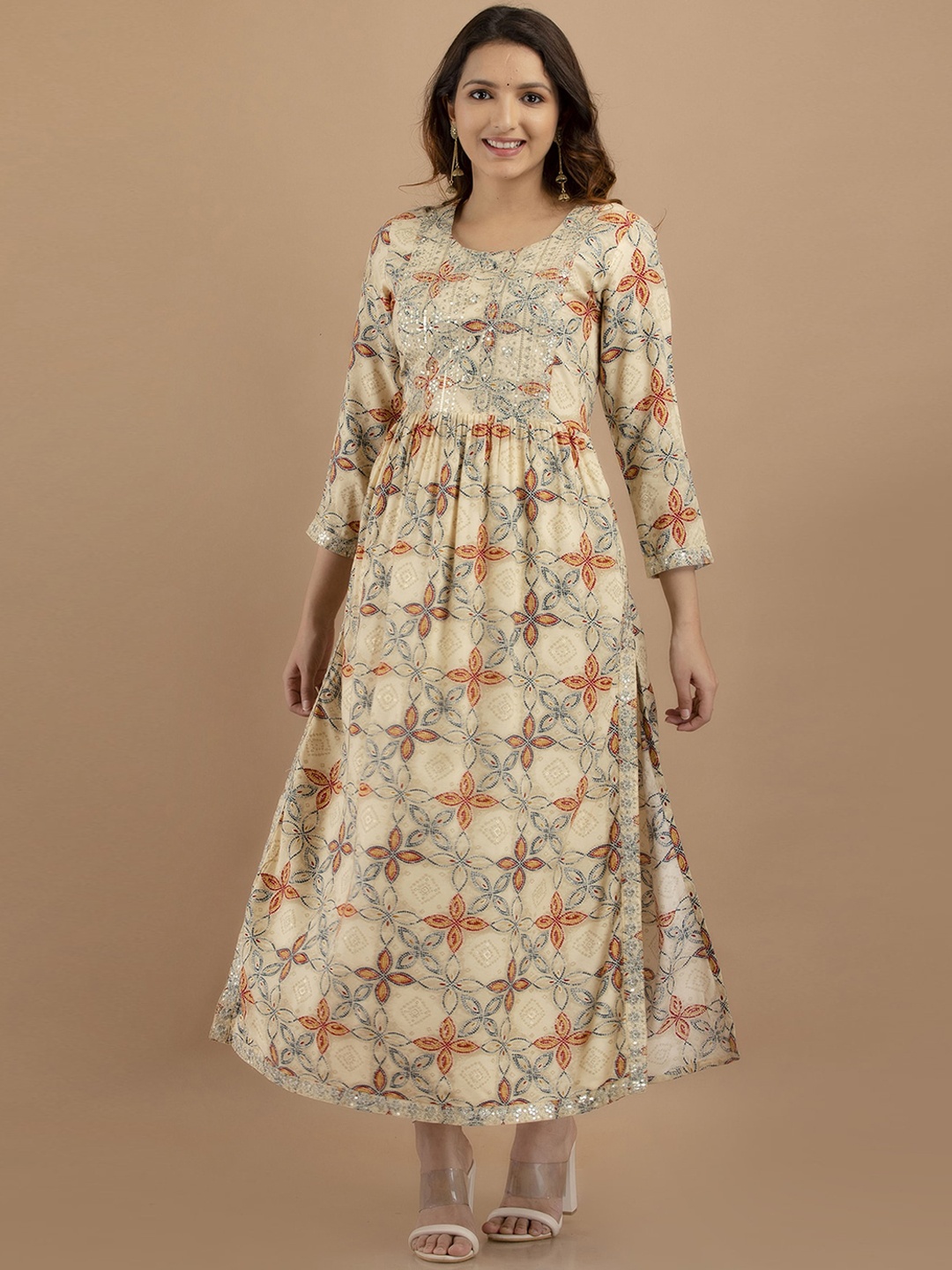 

PREKSHA Women Floral Printed Anarkali Kurta, Beige