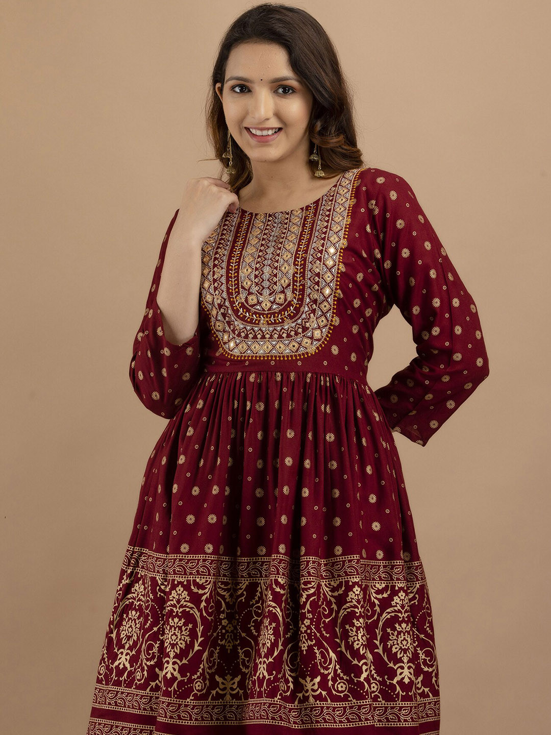 

PREKSHA Ethnic Motifs Printed Mirror Work Kurta, Maroon