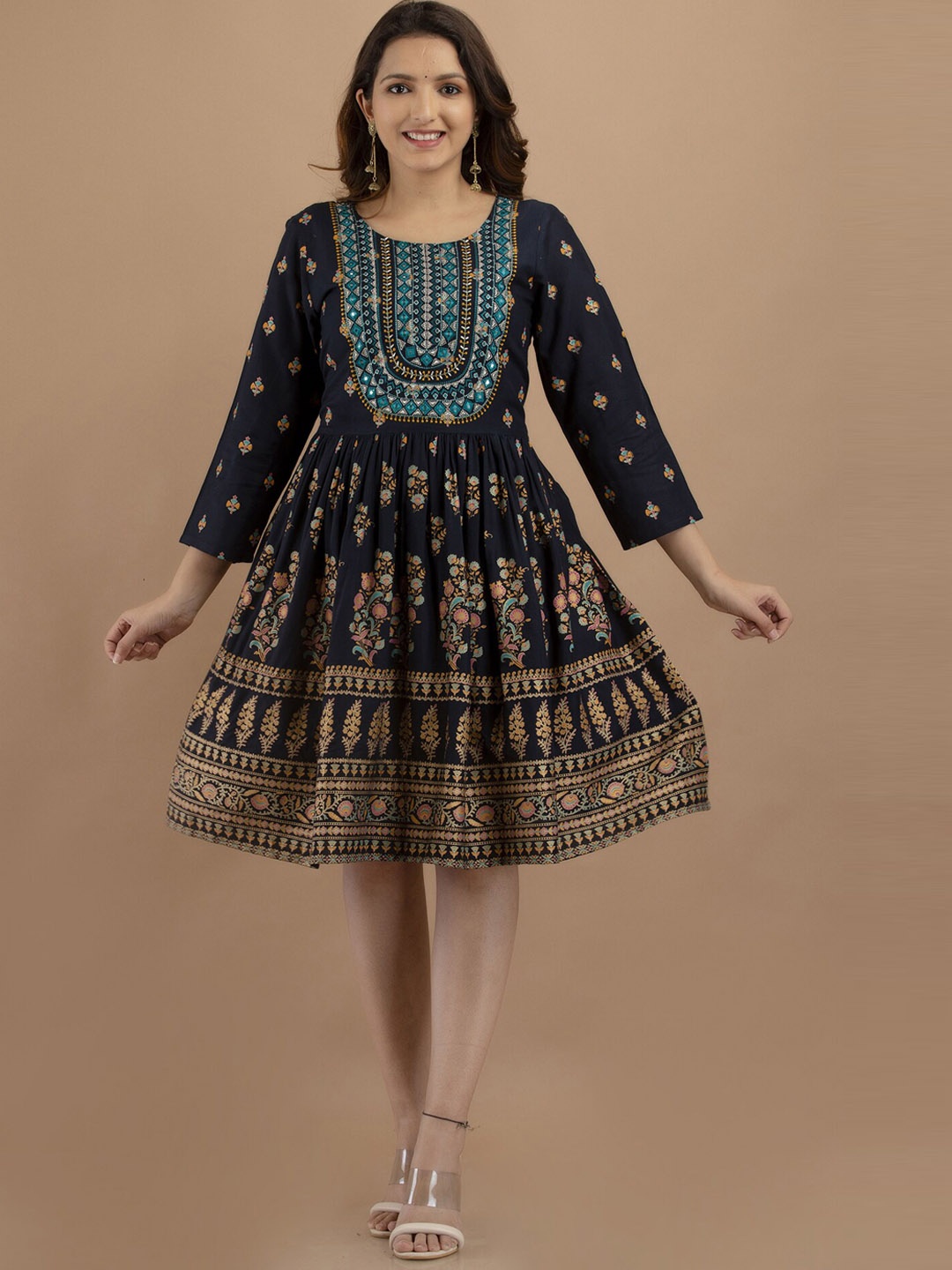 

PREKSHA Ethnic Motifs Printed Mirror Work Kurta, Blue
