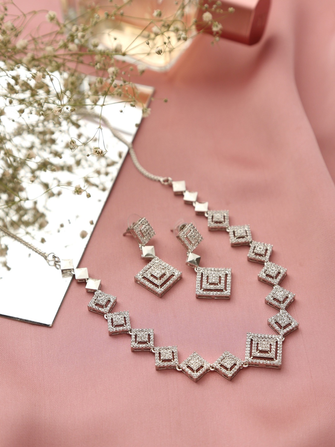 

Klissaa Rhodium-Plated Silver-Toned American Diamond Studded Brass Jewellery Set