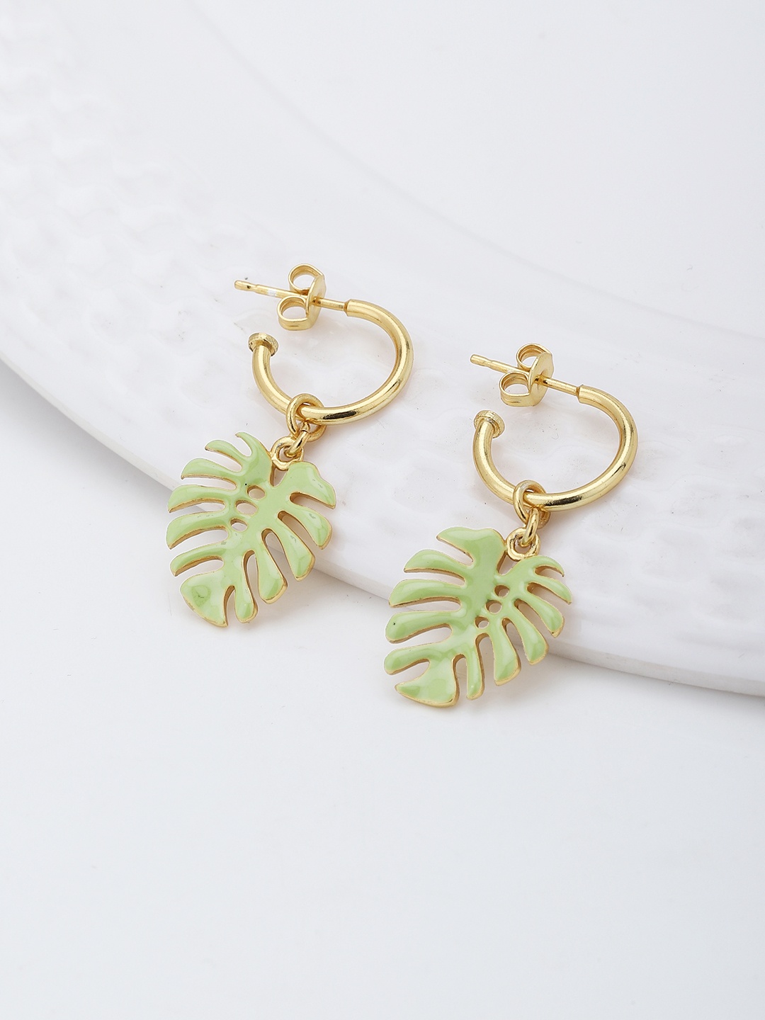 

Carlton London Gold-Toned & Green Leaf Shaped Half Hoop Earrings