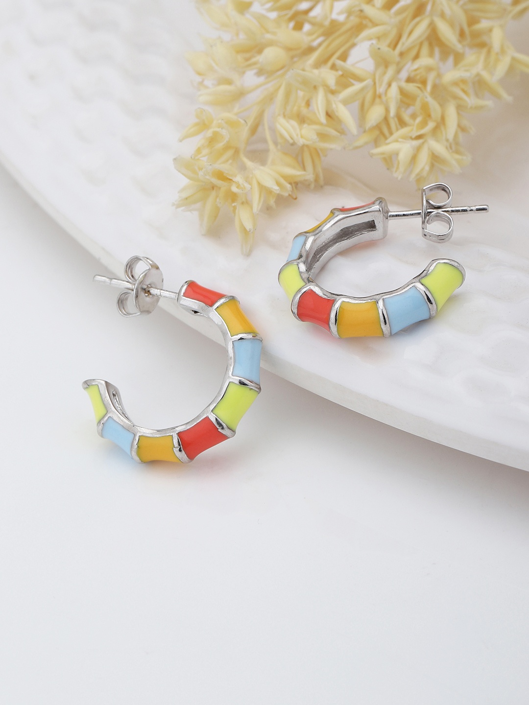 

Carlton London Contemporary Enamelled Half Hoop Earrings, Silver