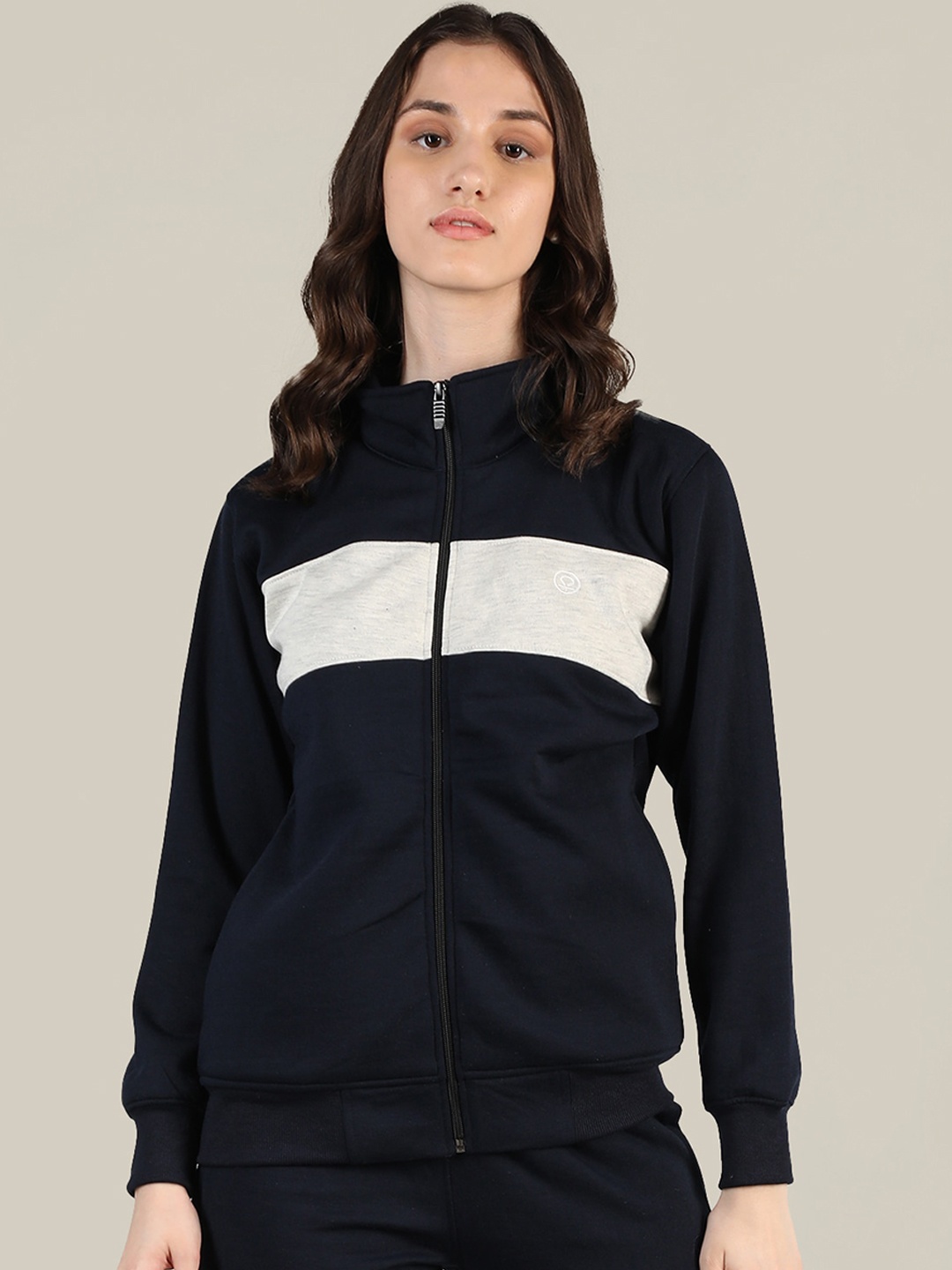 

CHKOKKO Women Colourblocked Fleece Outdoor Sporty Jacket, Navy blue