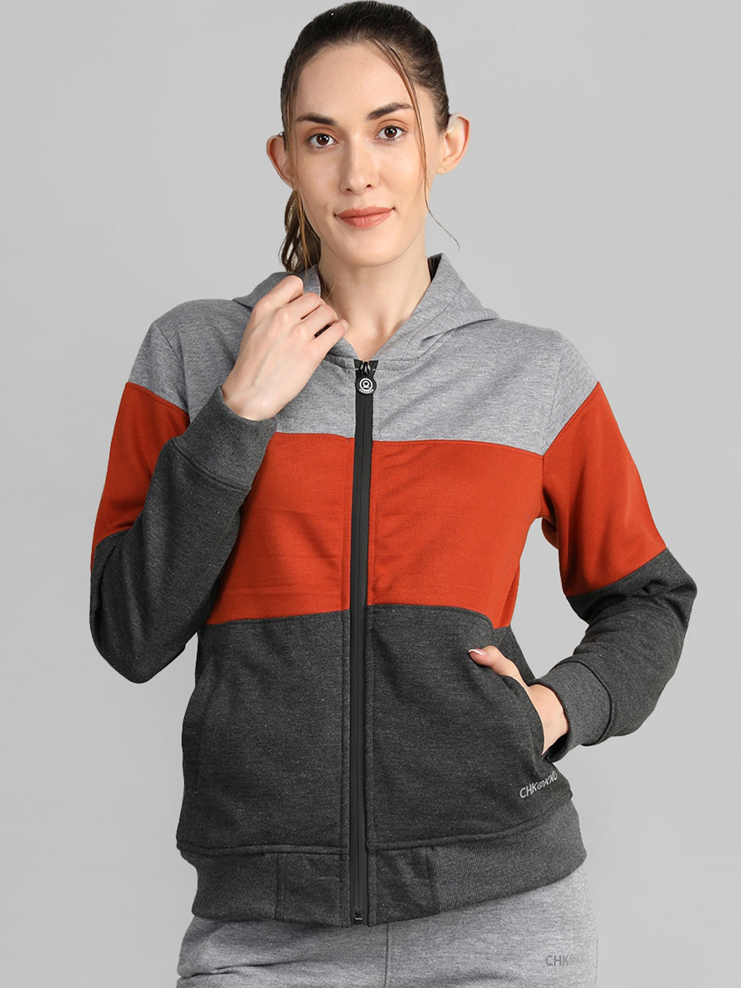 

CHKOKKO Women Colourblocked Fleece Hooded Bomber Jacket, Grey