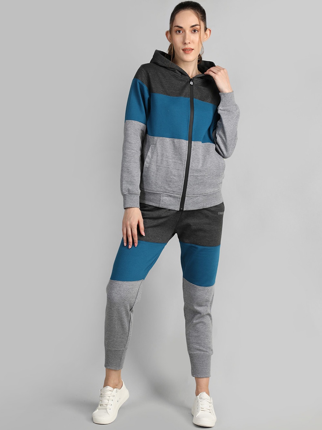 CHKOKKO Colorblocked Fleece Hooded Tracksuits, Grey