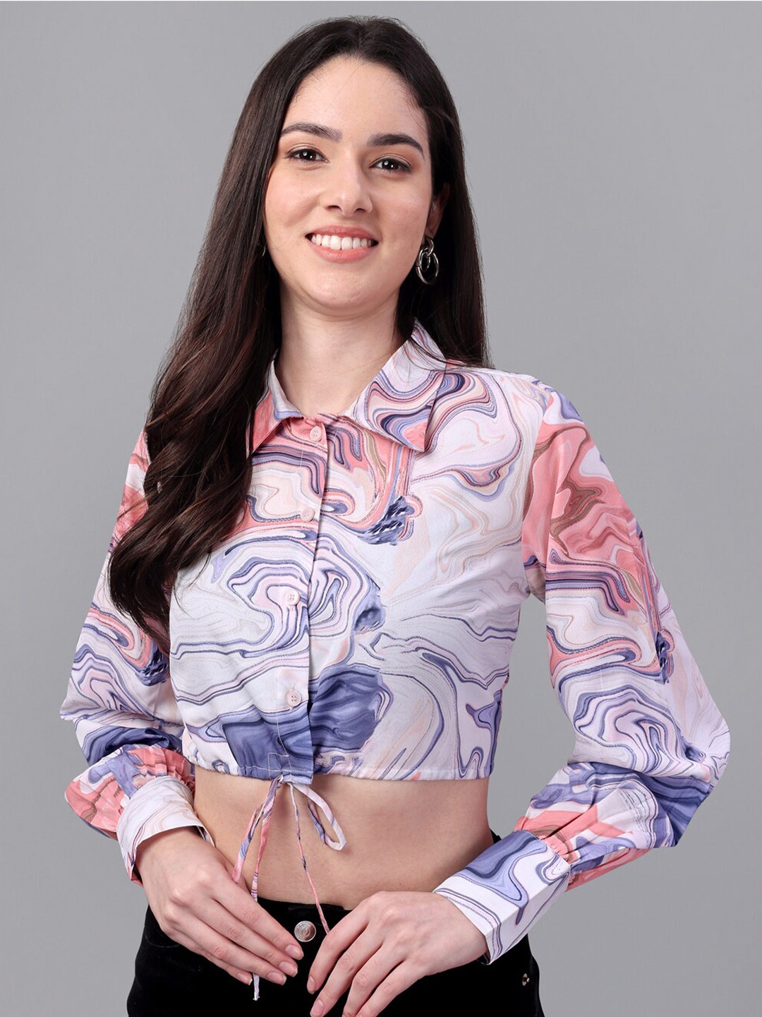 

Masakali Co Abstract Printed Tie-Up Neck Georgette Shirt Style Crop Top, White