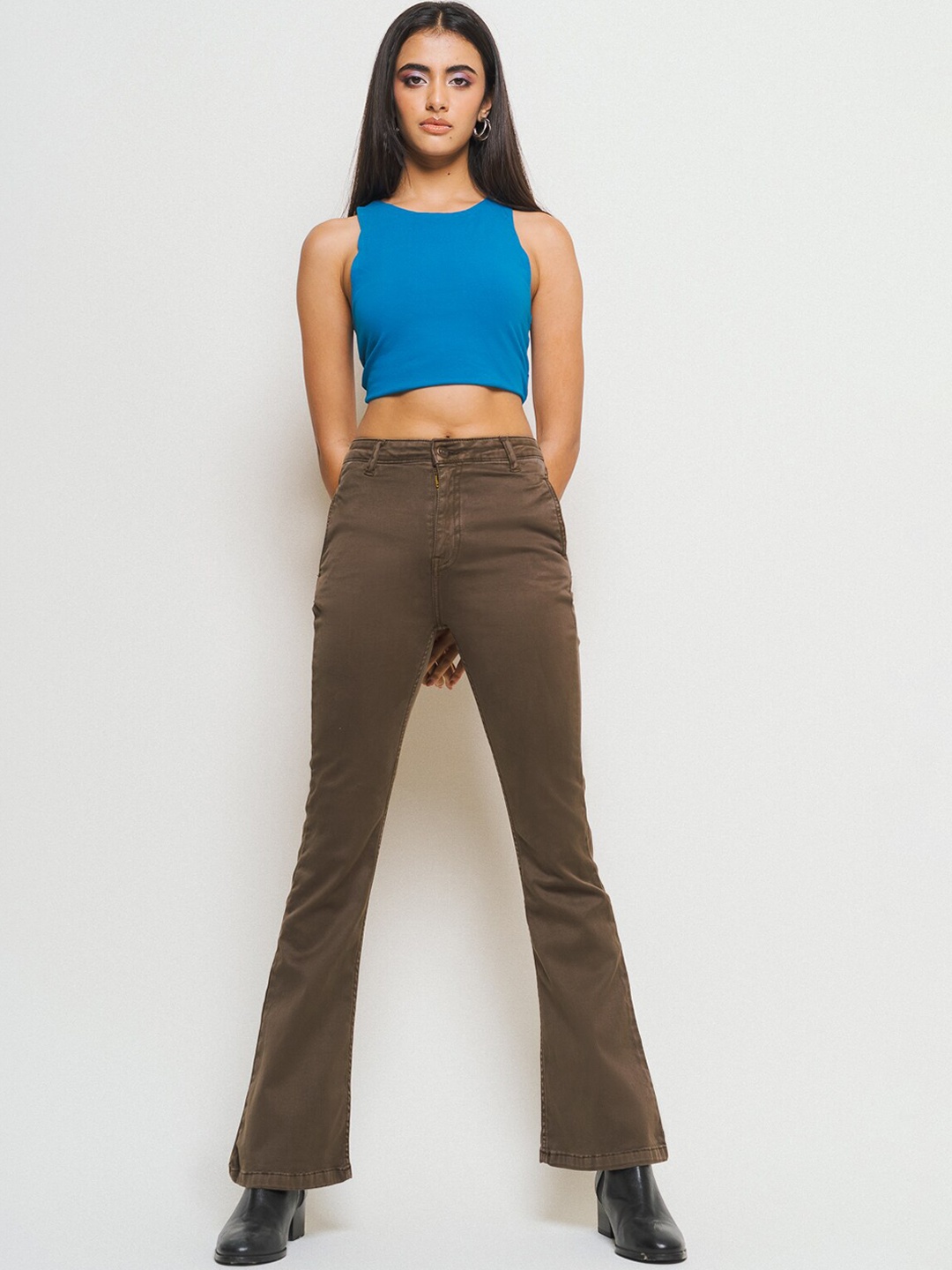 

FREAKINS Women Cotton Bootcut High-Rise Jeans, Brown