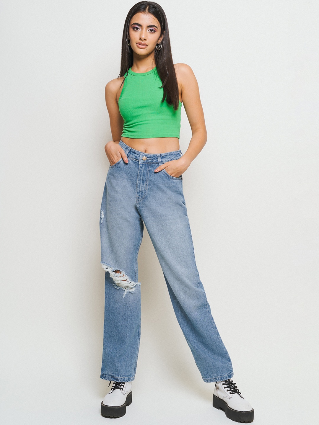 

FREAKINS Women Cotton Straight Fit High-Rise Mildly Distressed Heavy Fade Jeans, Blue