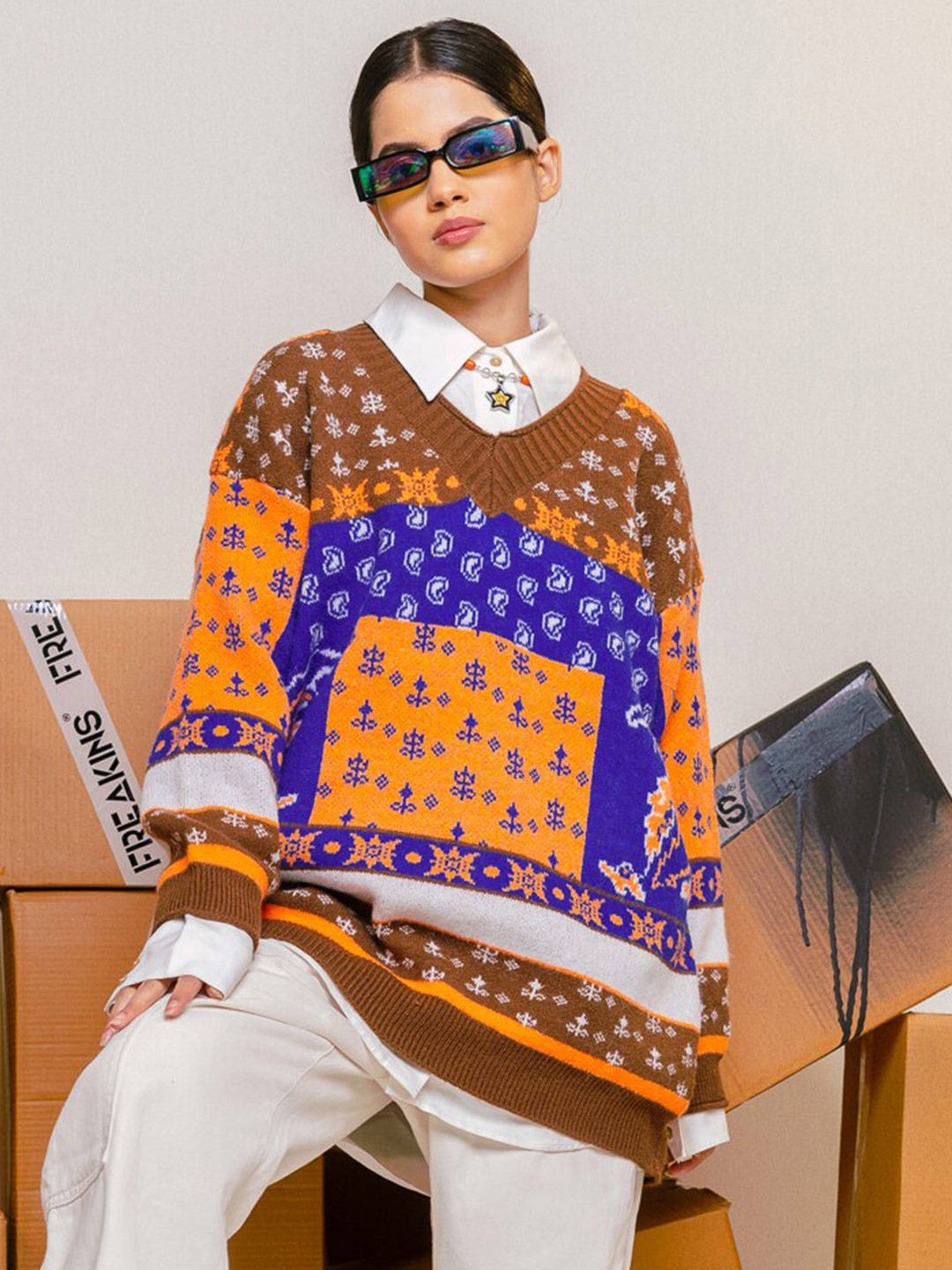 

FREAKINS Women Self Design Longline Acrylic Pullover, Orange