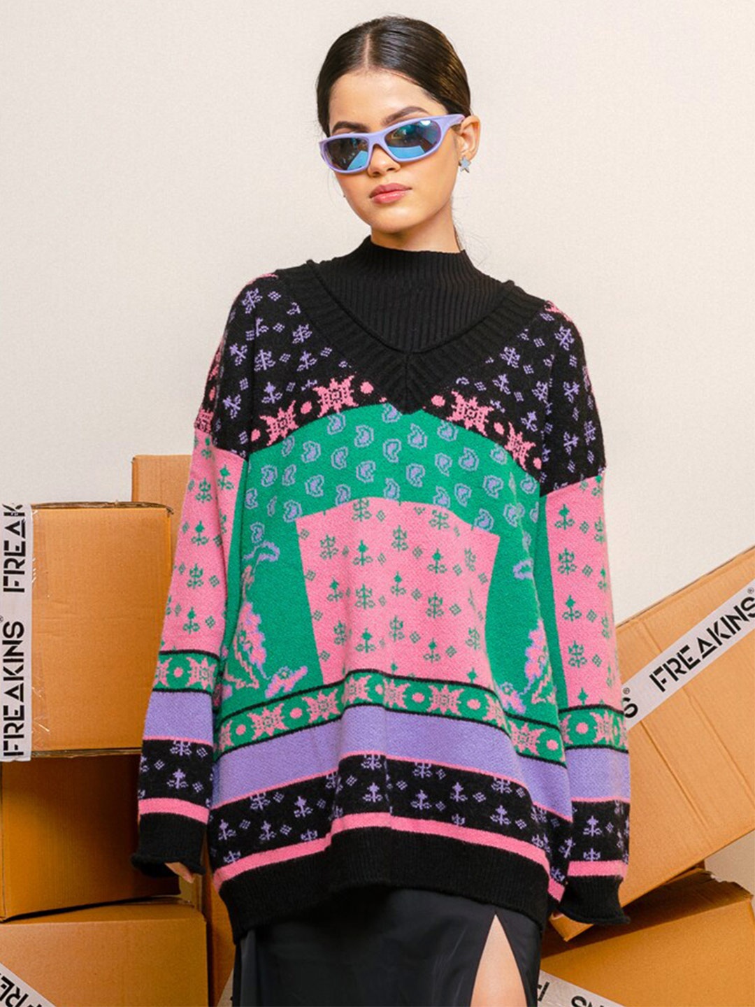

FREAKINS Women Green & Black Pullover