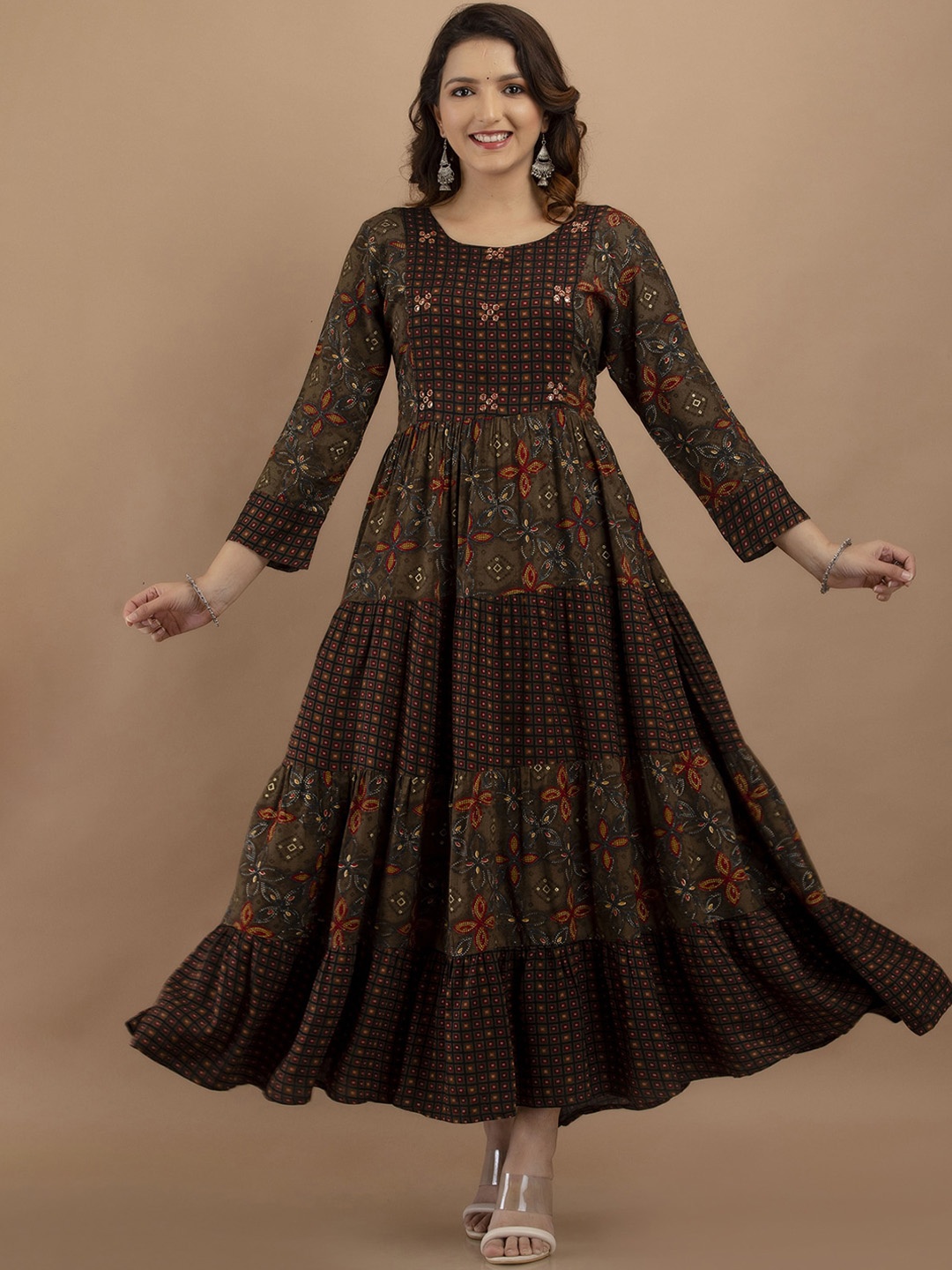 

PREKSHA Floral Printed Flared Sleeves Anarkali Kurta, Brown