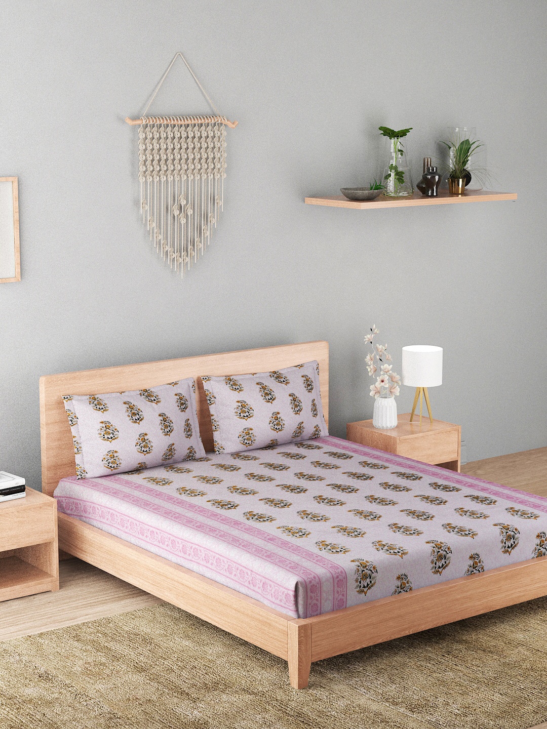 

A Homes Grace Grey & Pink Floral Printed 180 TC Cotton Queen Bedsheet with 2 Pillow Covers