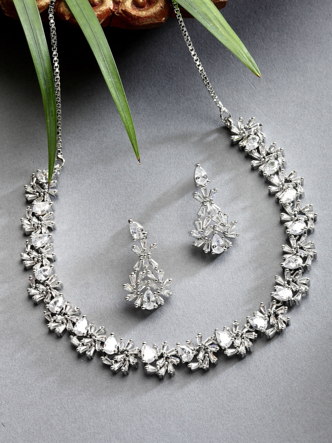 

ZENEME Rhodium-Plated AD-Studded Jewellery Set, Silver