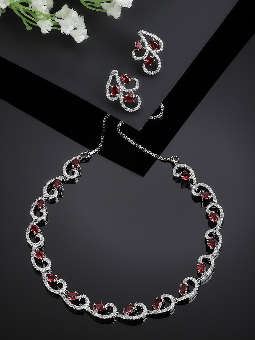 

ZENEME Rhodium-plated CZ & AD -Studded Jewellery Set, Silver