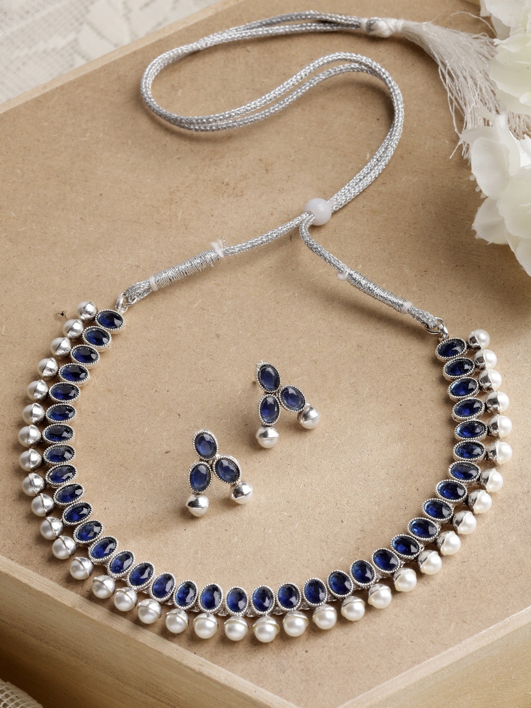 

ZENEME Oxidized Silver-Plated Cubic Zirconia Stone-Studded & Pearl Beaded Jewellery Set