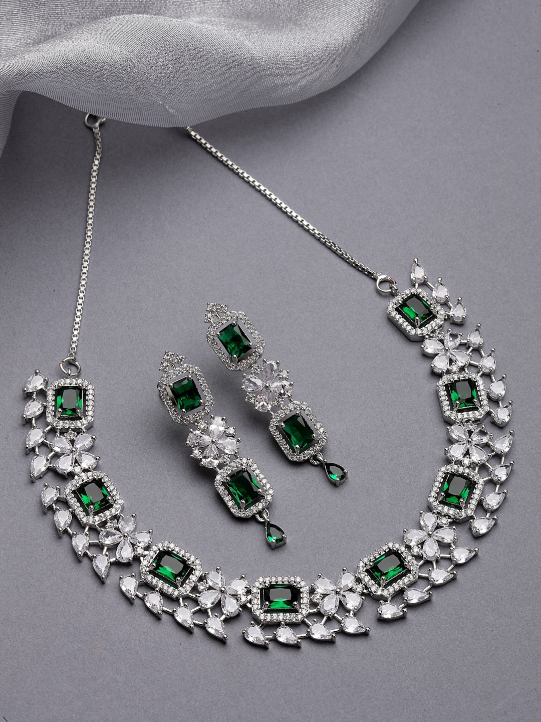 

ZENEME Rhodium-Plated AD-Studded Jewellery Set, Silver