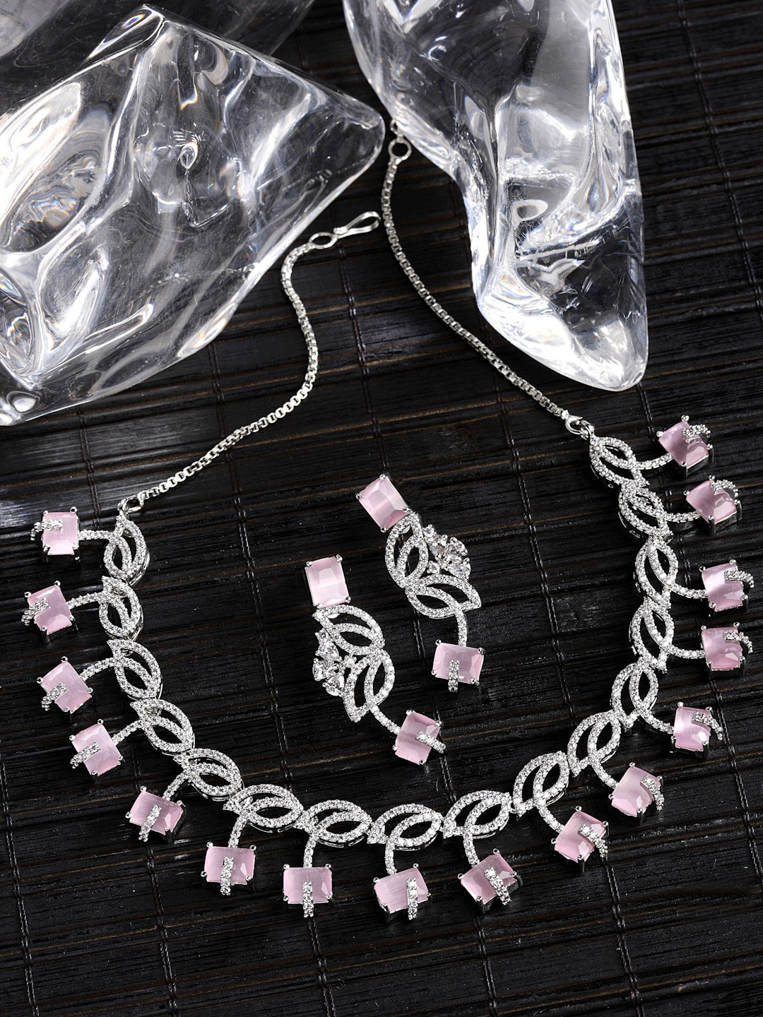 

ZENEME Rhodium-Plated & AD Studded Jewellery Set, Pink