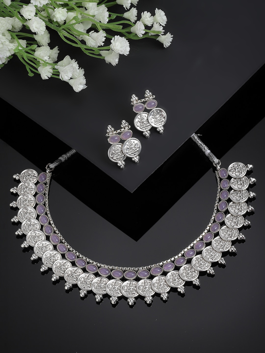 

ZENEME Silver-Plated Stone-Studded & Beaded Jewellery Set