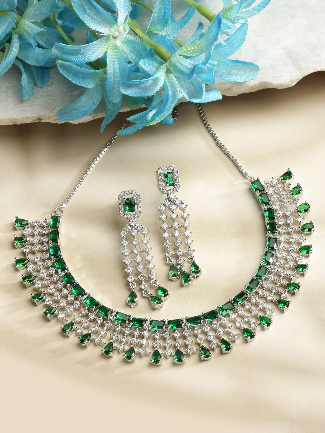 ZENEME Rhodium-Plated AD Studded Jewellery Set