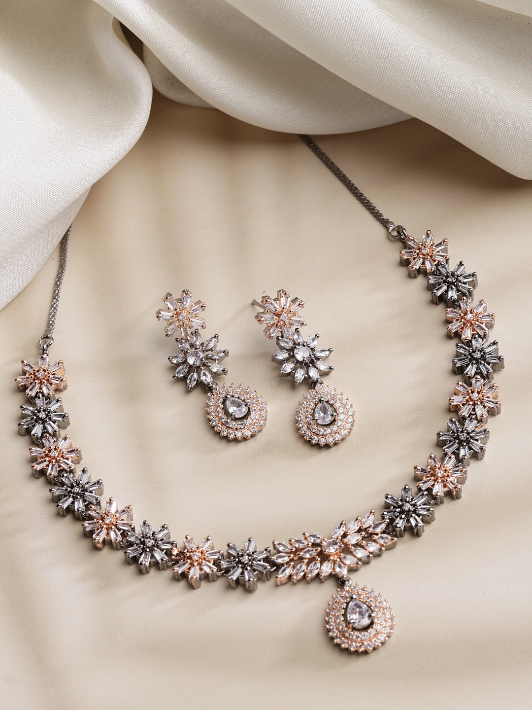 

ZENEME Rose Gold-plated CZ -Studded Jewellery Set