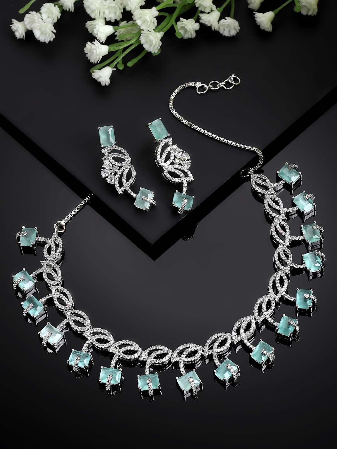 

ZENEME Rhodium-Plated AD Stone-Studded Jewellery Set, Silver