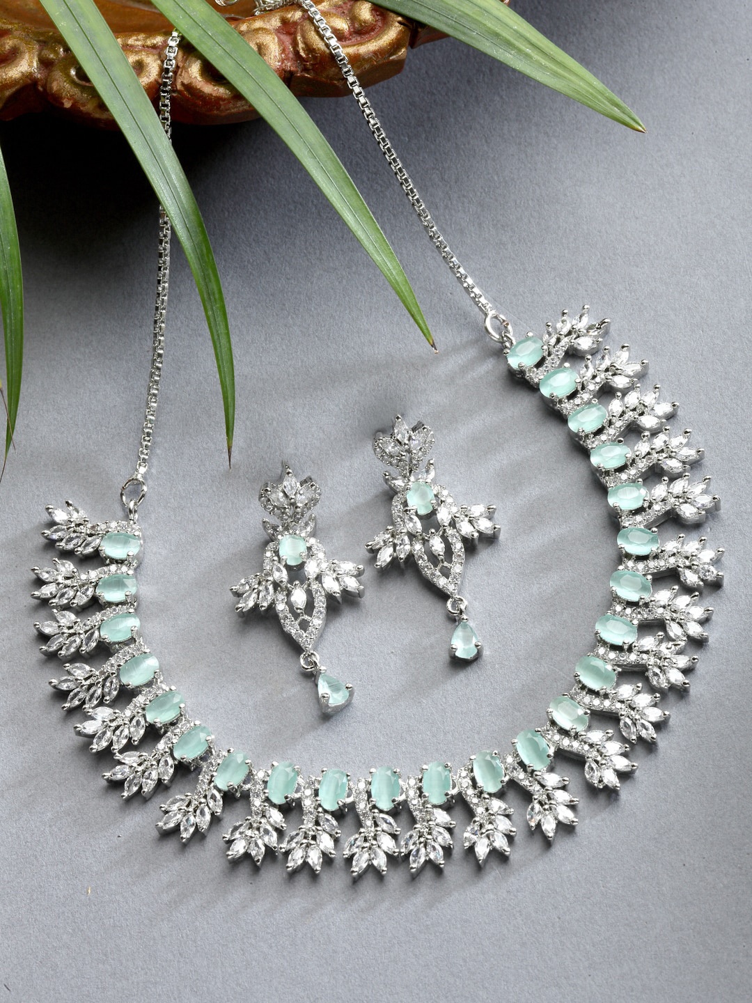 

ZENEME Rhodium-Plated AD-Studded Jewellery Set, Lime green