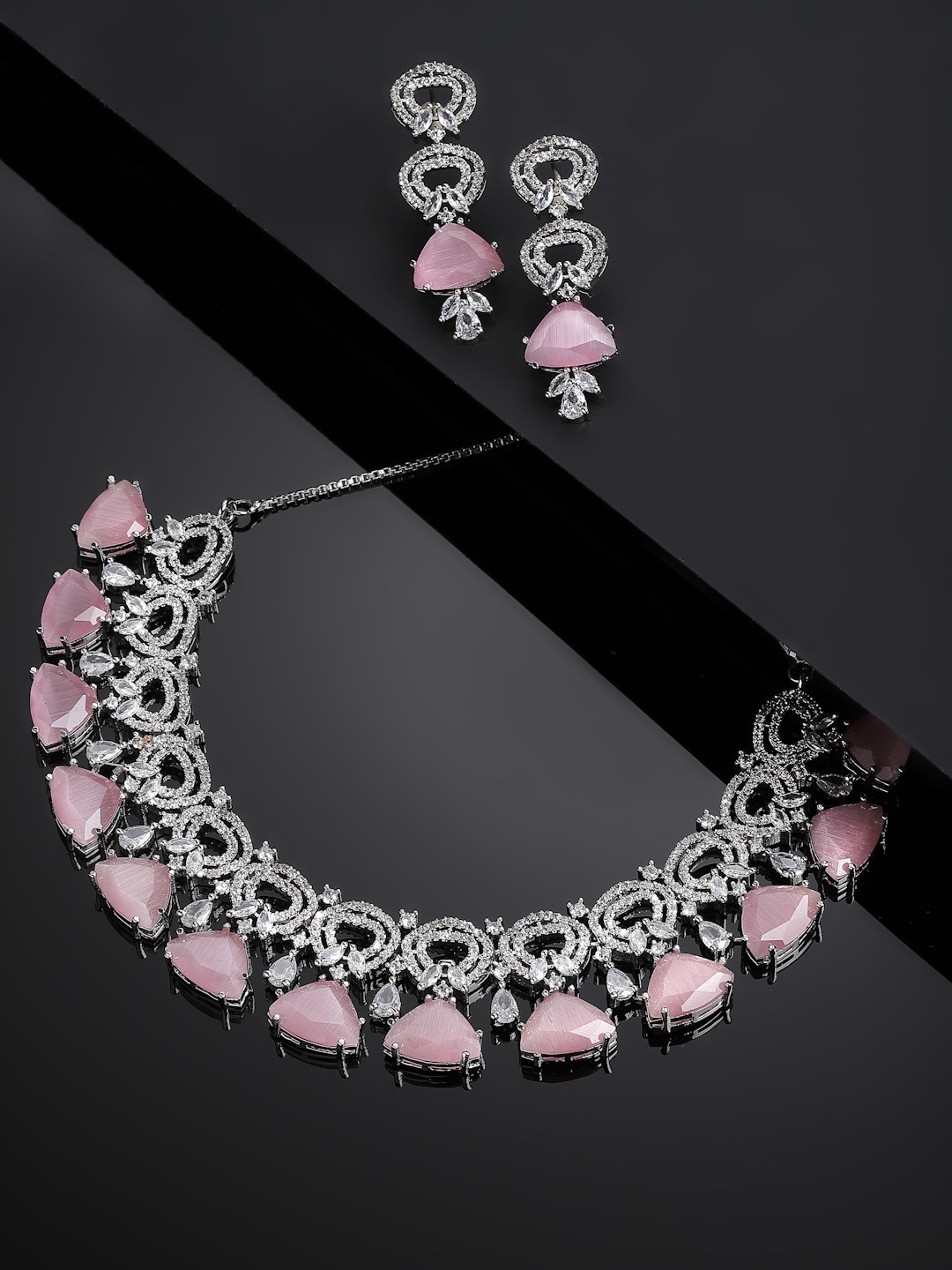 

ZENEME Silver Plated AD-Studded Jewellery Set, Pink
