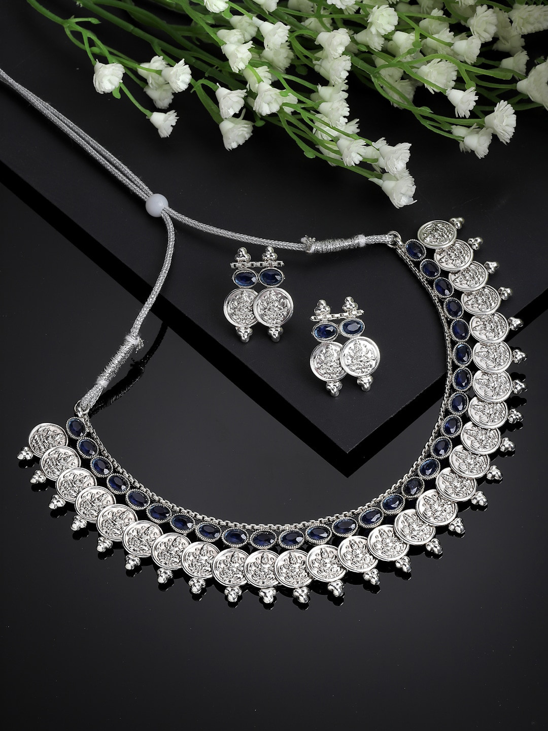 

ZENEME Silver-Plated Divine Temple Coin Jewellery Set, Blue