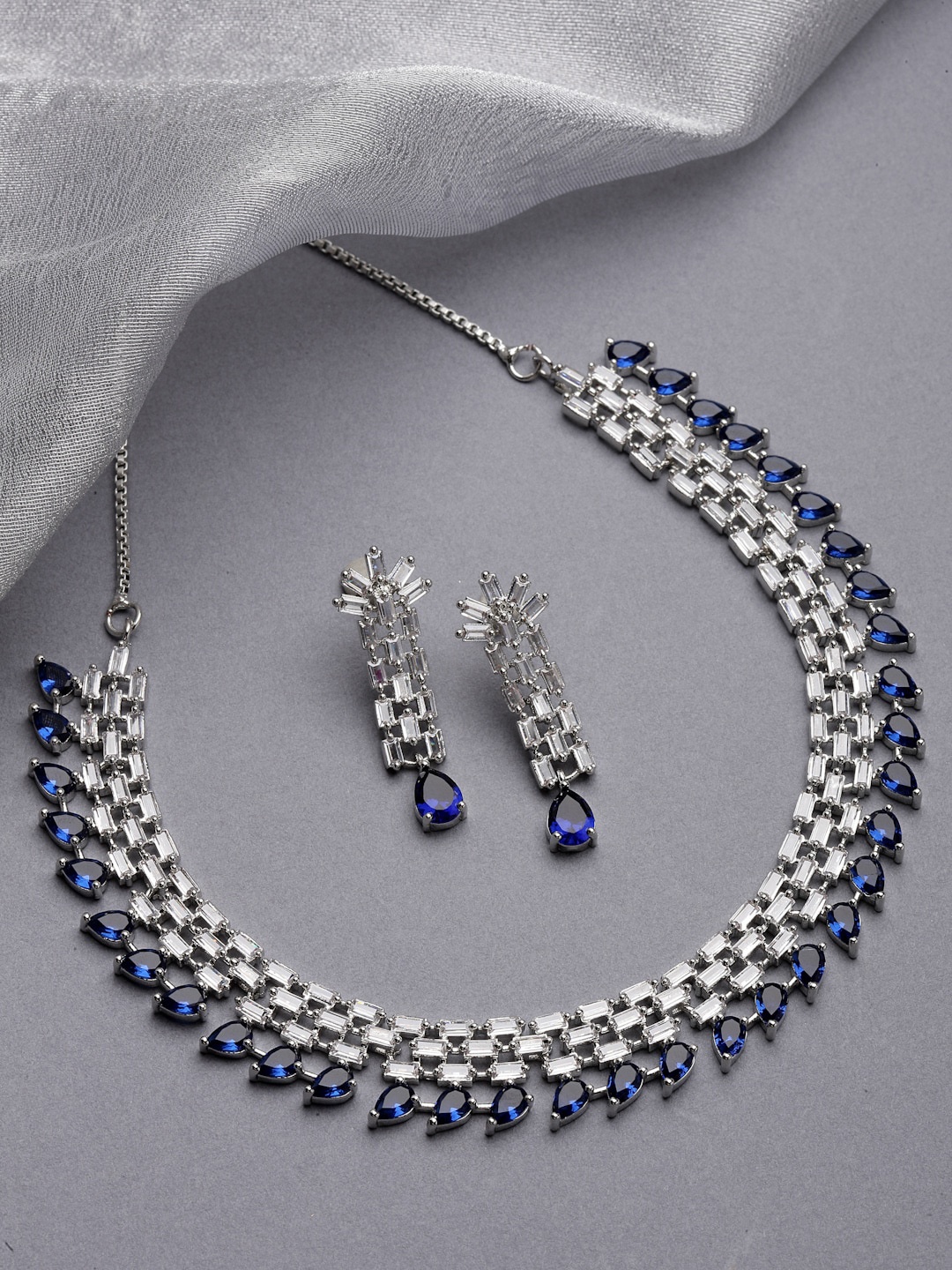 

ZENEME Rhodium-Plated AD-Studded Jewellery Set, Silver