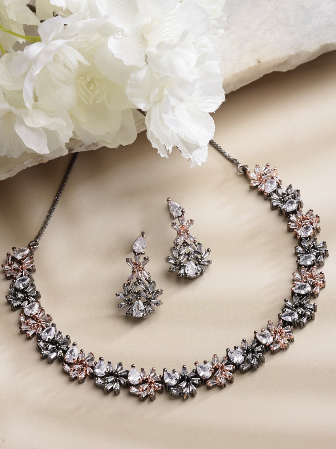 

ZENEME Rose Gold-Plated AD-Studded Beaded Jewellery Set