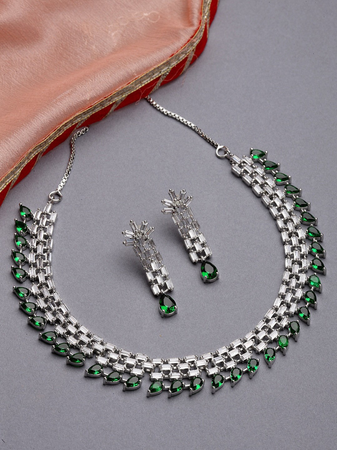

ZENEME Rhodium-Plated American Diamond Studded Brass Jewellery Set, Green