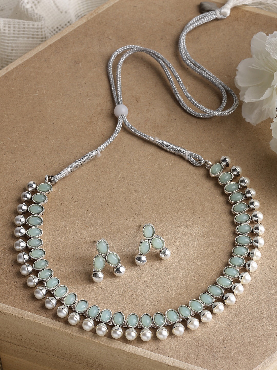 

ZENEME Oxidised Silver-Plated Stones & Pearls Studded Jewellery Set, Lime green