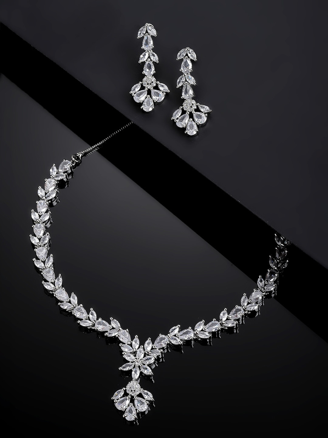 

ZENEME Rhodium Plated American Diamond Studded Jewellery Set, White