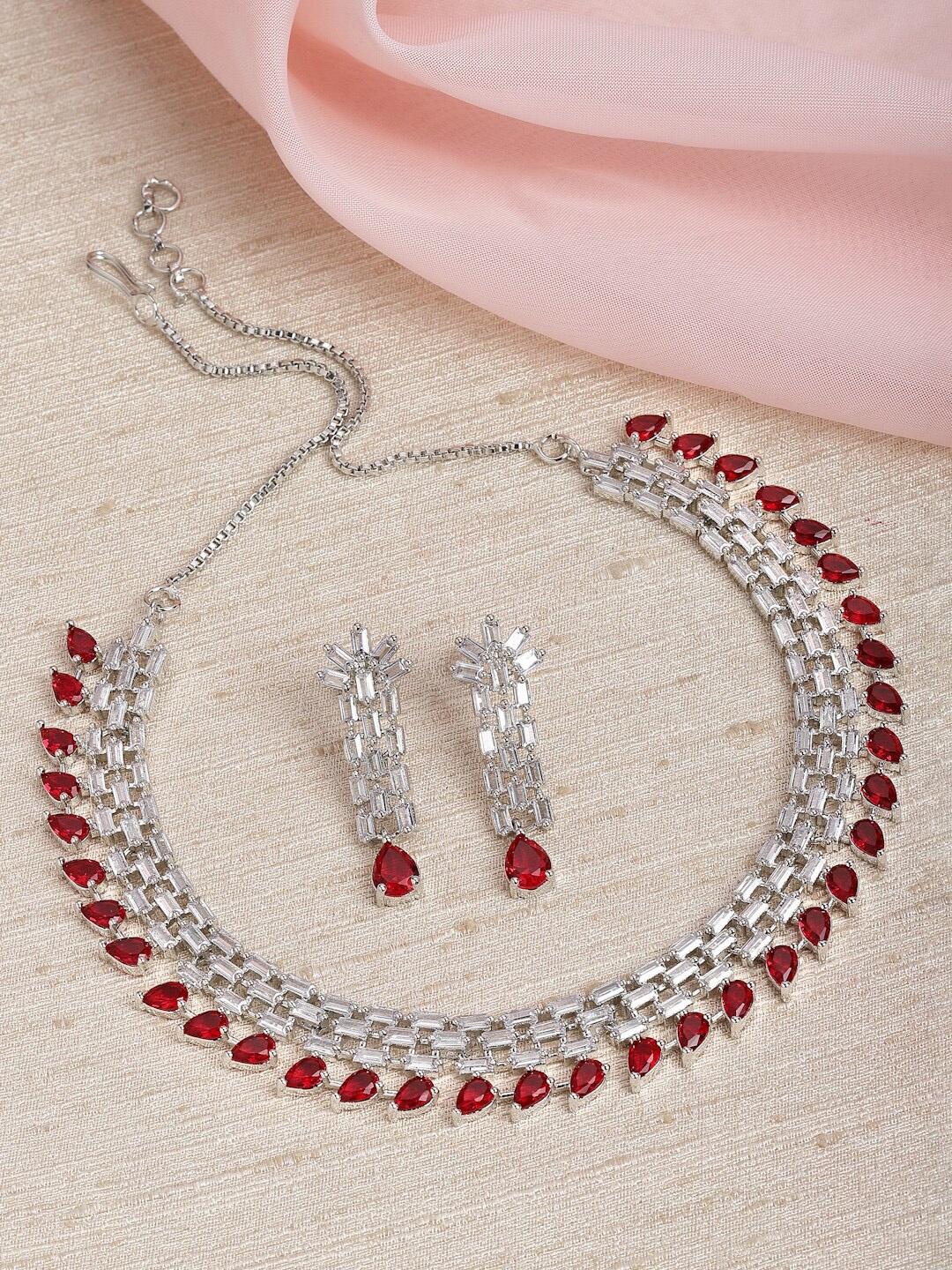 

ZENEME Rhodium-Plated AD-Studded Jewellery Set, Silver