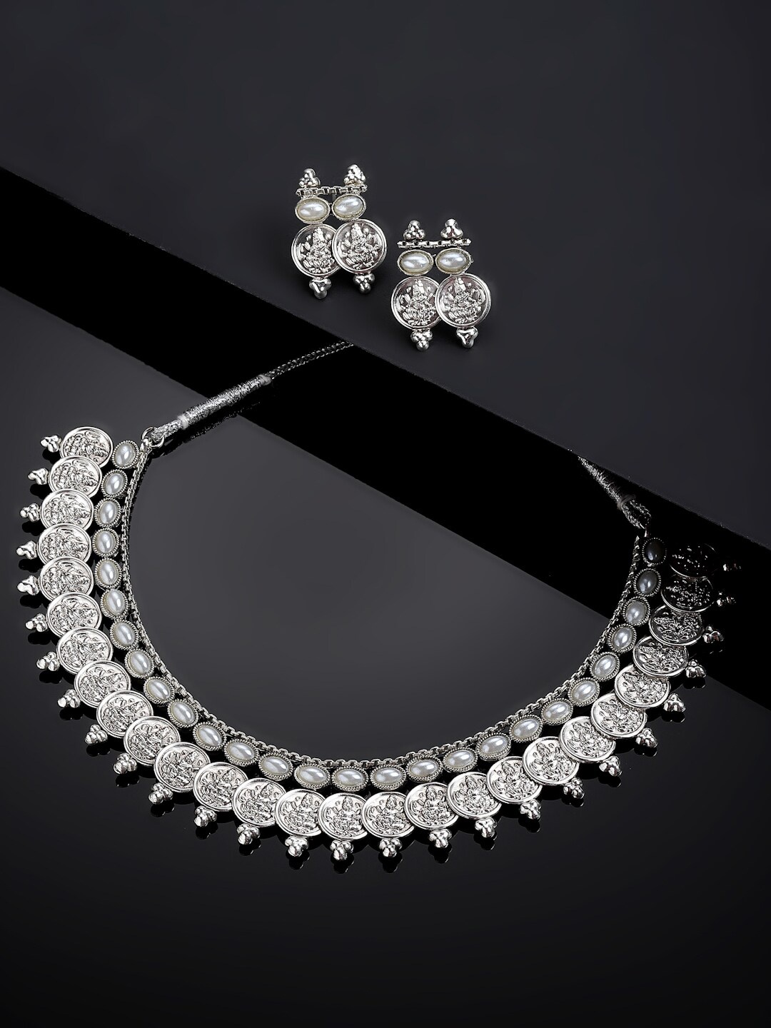 

ZENEME Oxidised Silver-Plated Pearl-Studded Temple Coin Jewellery Set, White