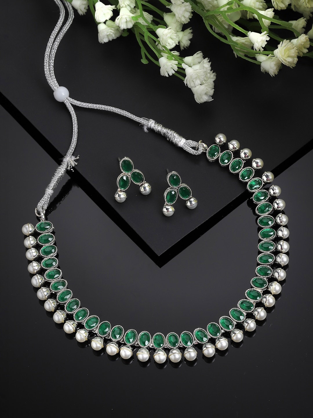 

ZENEME Silver-Plated CZ Stone-Studded Jewellery Set, Green