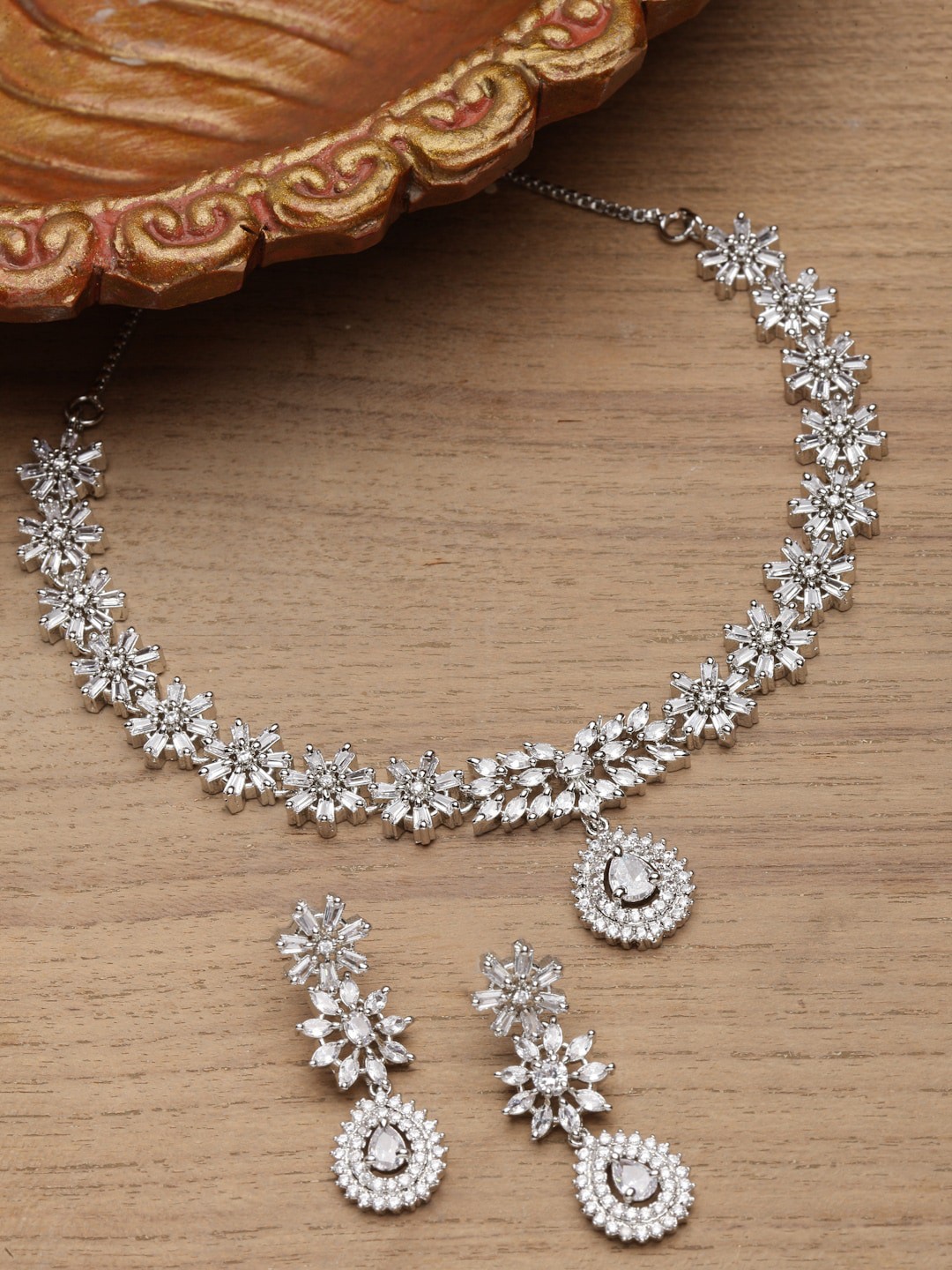 

ZENEME Rhodium-Plated & AD Studded Jewellery Set, Silver