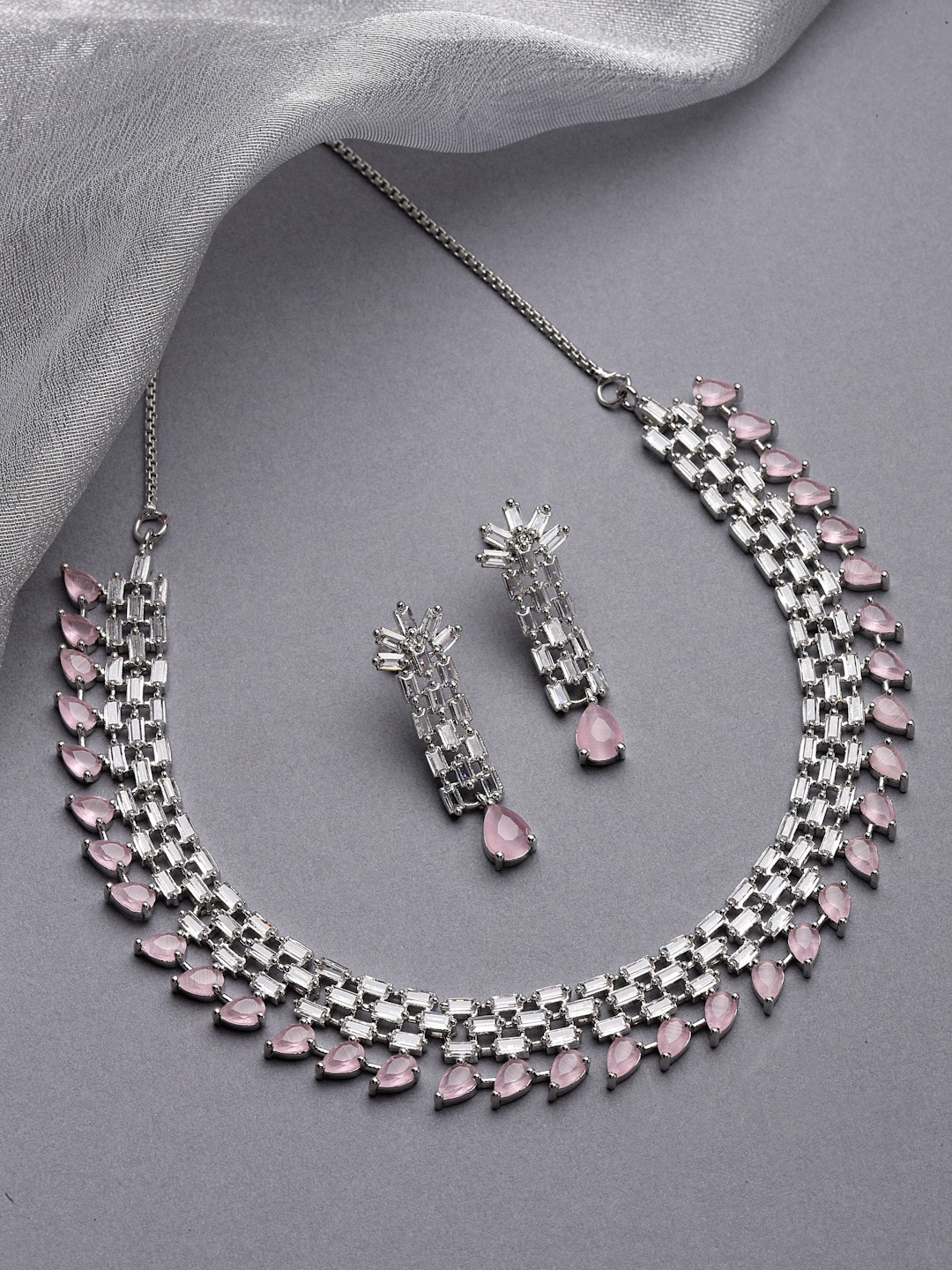 

ZENEME Rhodium-Plated American Diamond Stone-Studded Jewellery Set, Pink