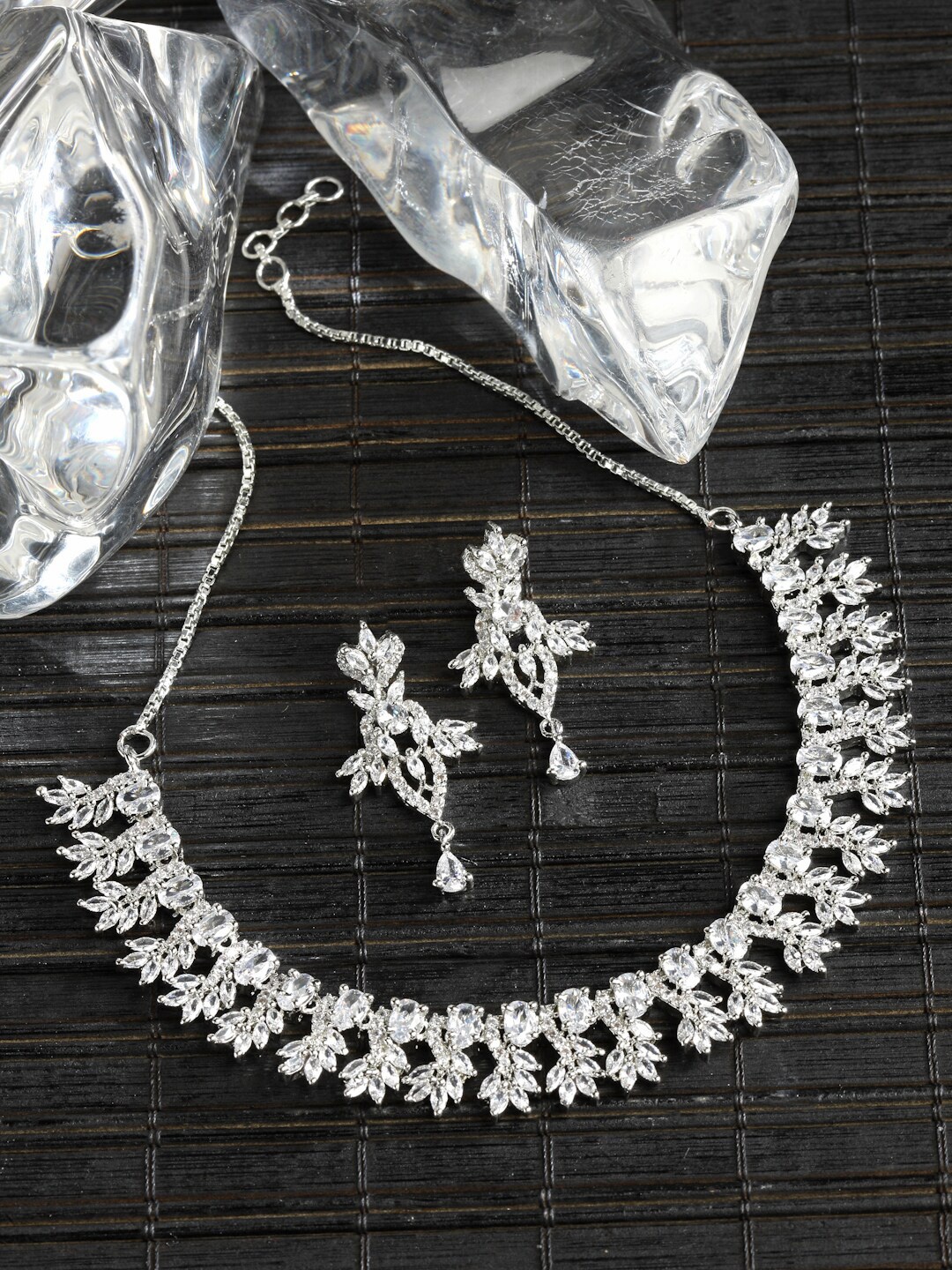 

ZENEME Rhodium-Plated AD Stone-Studded Jewellery Set, Silver