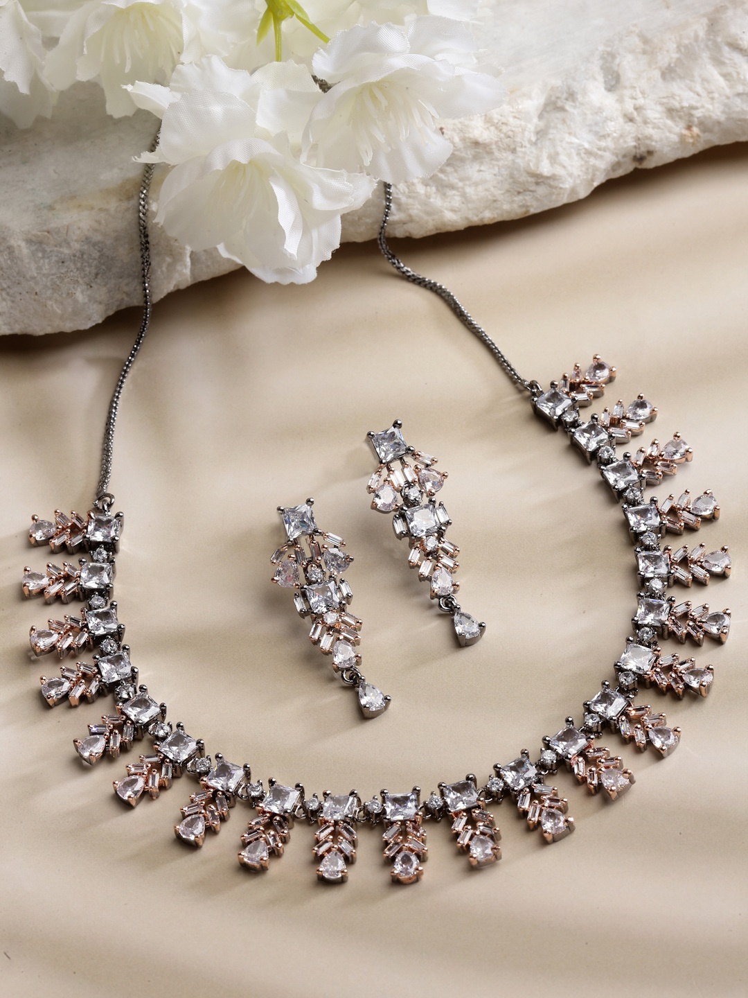 

ZENEME Rose Gold-Plated AD-Studded Jewellery Set