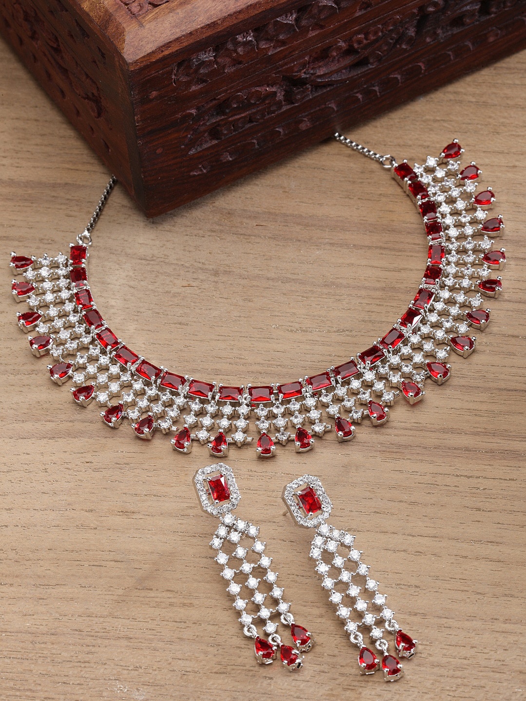 

ZENEME Silver Plated Rhodium Toned AD-Studded Jewellery Set, Red