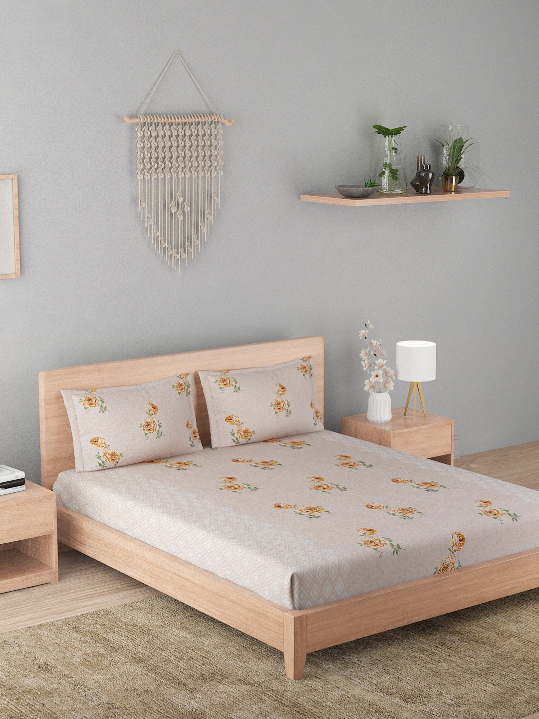 

A Homes Grace Beige & Orange Printed 180 TC Cotton Queen Bedsheet with 2 Pillow Covers